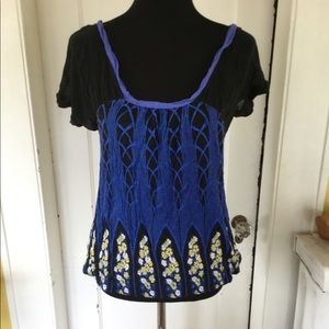 Free People black/blue floral bubble tee size L